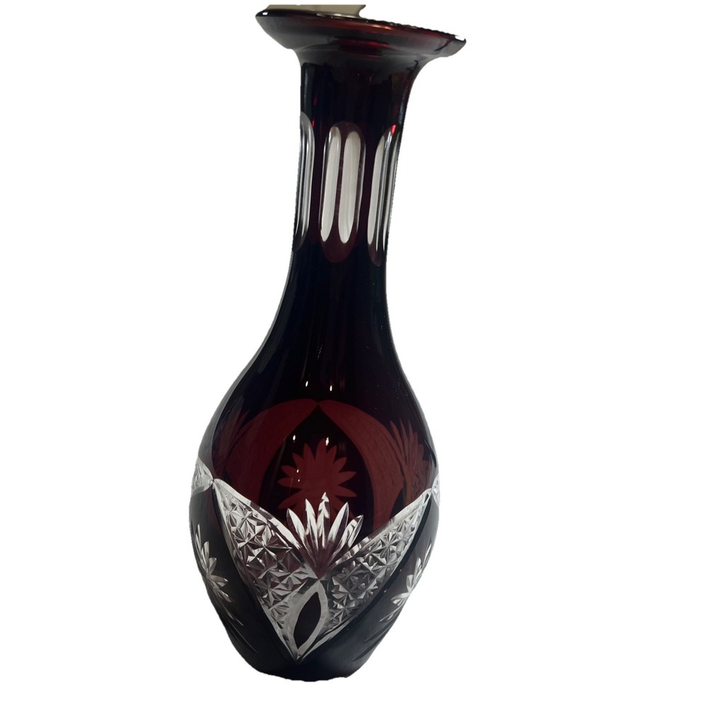 Beautiful Bohemian Ruby Red Cut to Clear Crystal Vase – Hand Cut Floral Design